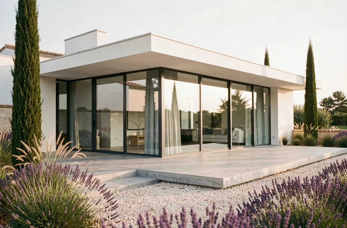 Villa 84 de style contemporain avec façade blanche, grandes baies vitrées et terrasse en pierre dans le Vaucluse