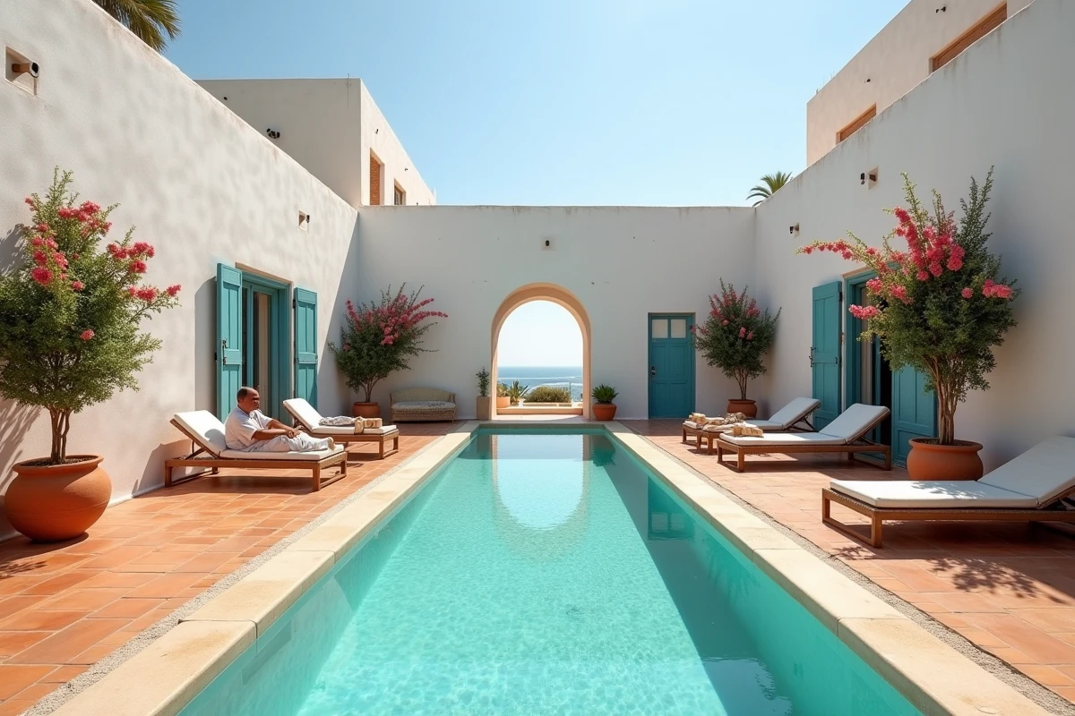 Villa à Essaouira avec piscine longue durée, couple au bord de la piscine dans une cour de style riad marocain