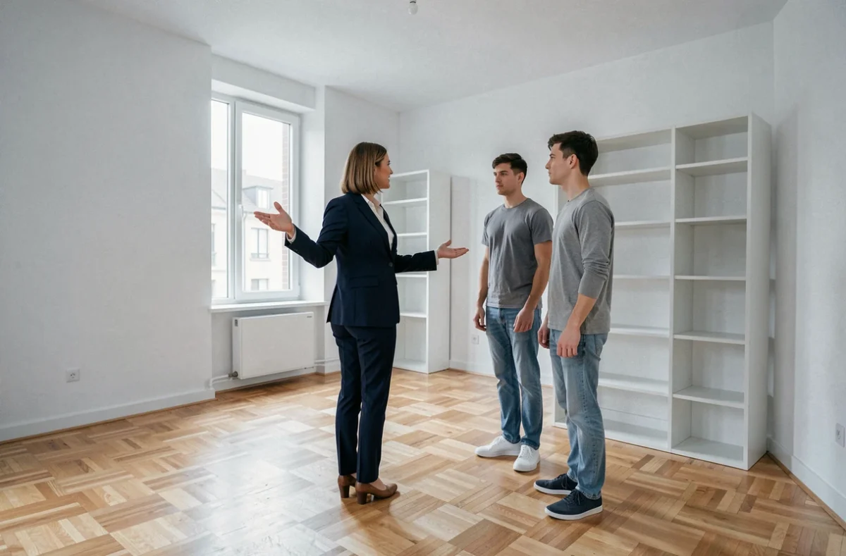 Agent immobilier faisant visiter un appartement vide à de futurs locataires pendant la période de préavis