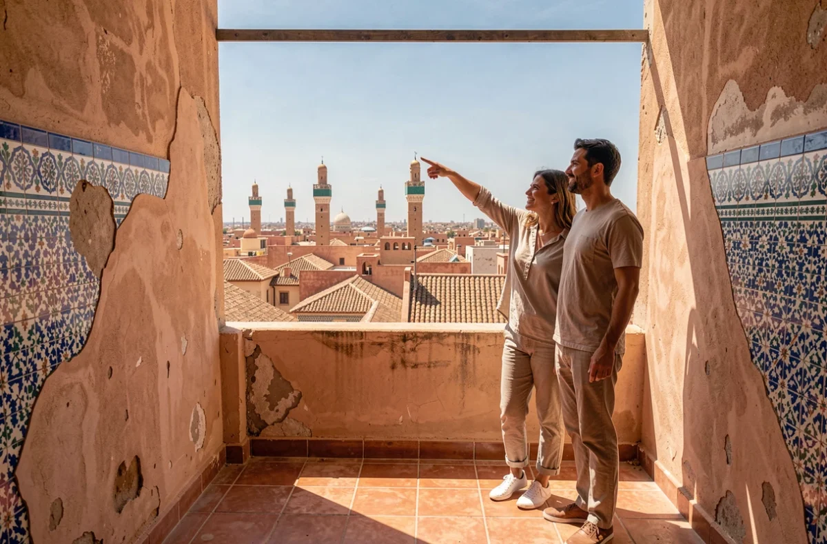 Couple d'acheteurs étrangers visitant un appartement avec vue sur la médina de Marrakech
